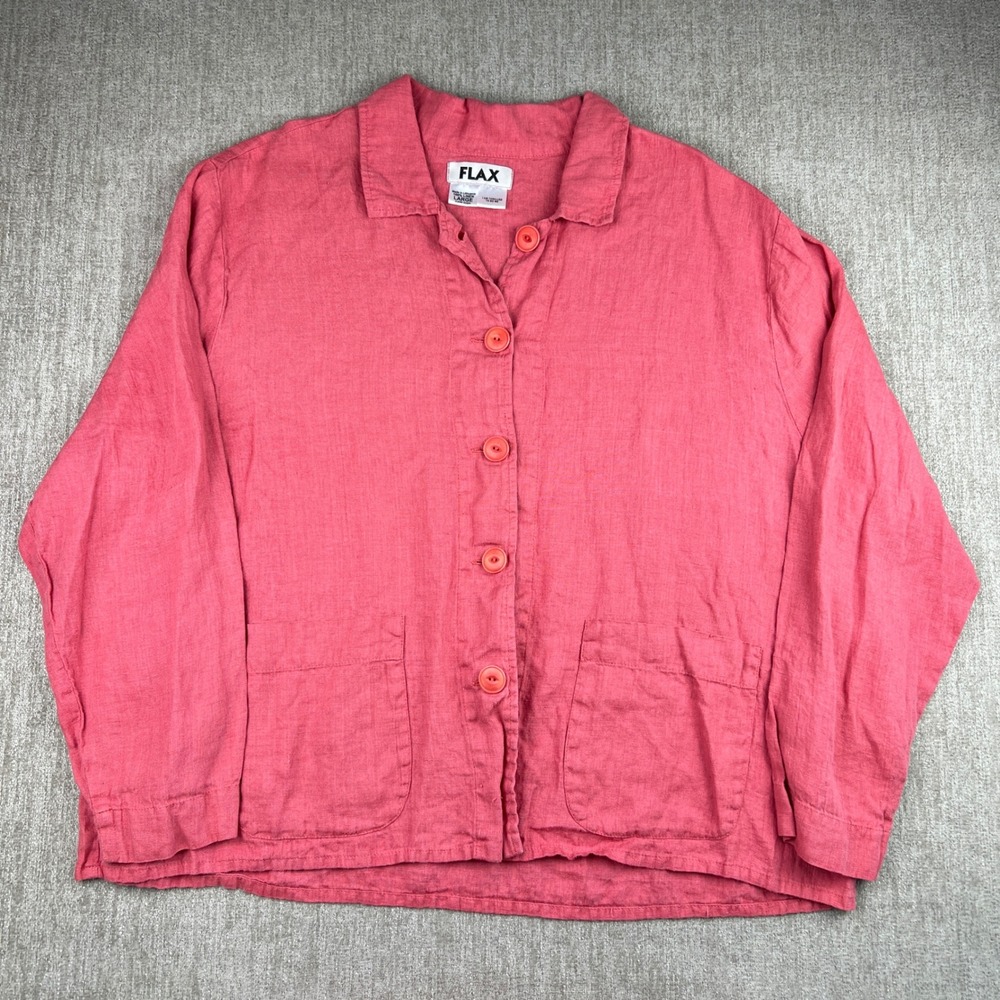 FLAX 100% Linen Button‎ Front Coral Pink Shirt Top Women's Large Front Pockets